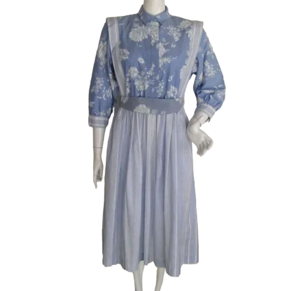 CALIFORNIA GIRL Dress, 12, Blue/White, Floral & Striped, Flat Ruffle, Belt